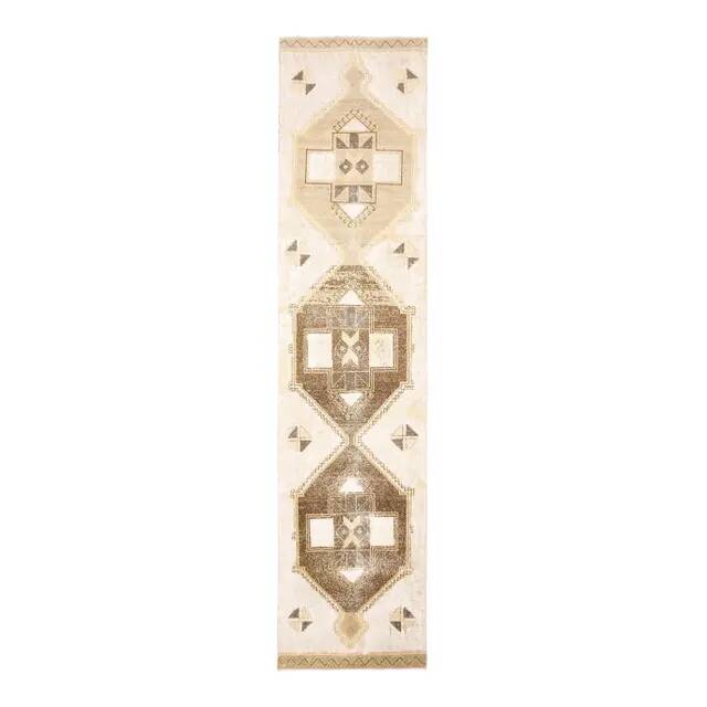 1970s Vintage Turkish Hand-Knotted Wool Cotton Beige Runner Rug 90x391