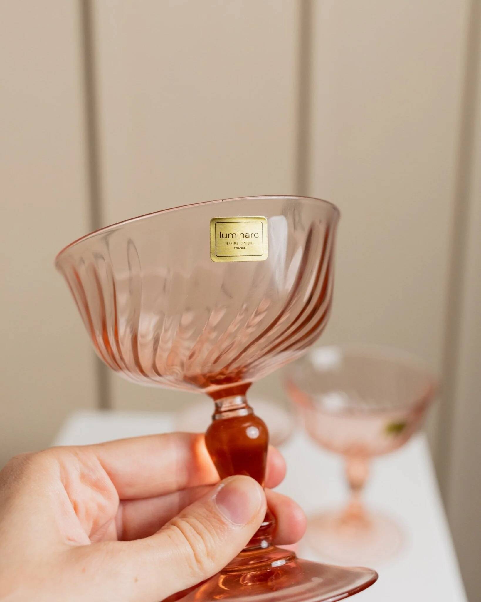 Set of 6 apricot Luminarc Rosaline coupe martini glasses in glass – vintage 1970s France with packaging