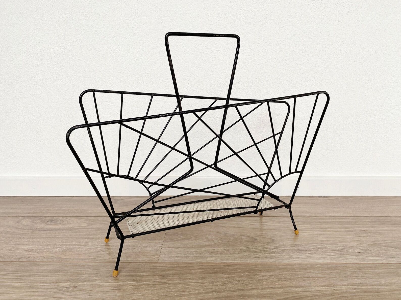 Mid century magazine rack - wire metal & perforated metal, vintage newspaper stand