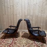 Pair of English Chesterfield armchairs in black leather