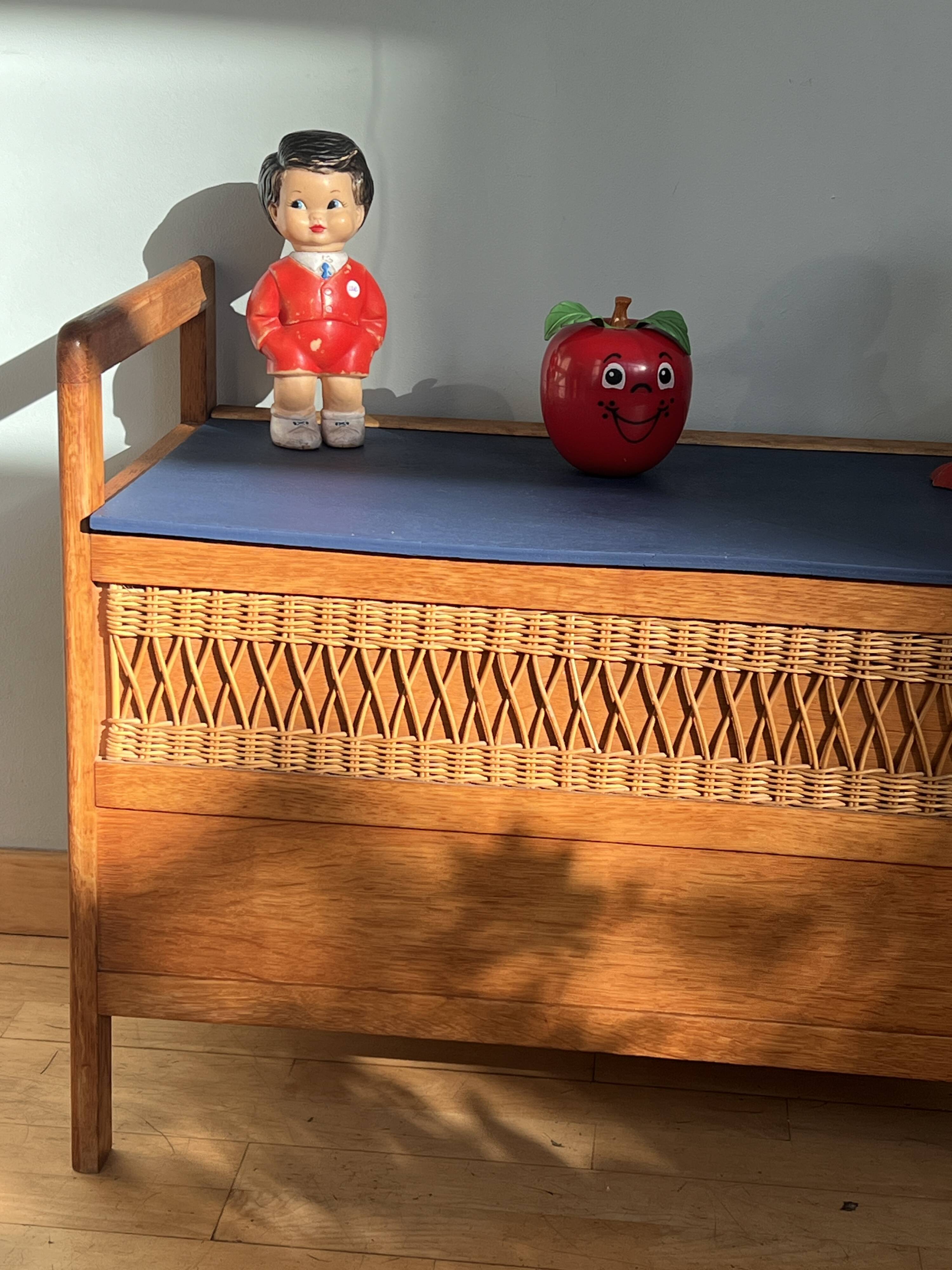 Vintage wooden and rattan toy chest
