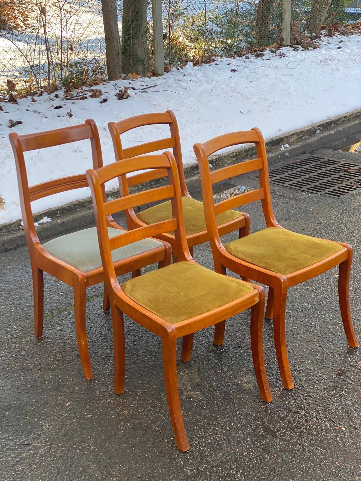 4 solid wood chairs with green and blue velvet suede, Louis Philippe style.