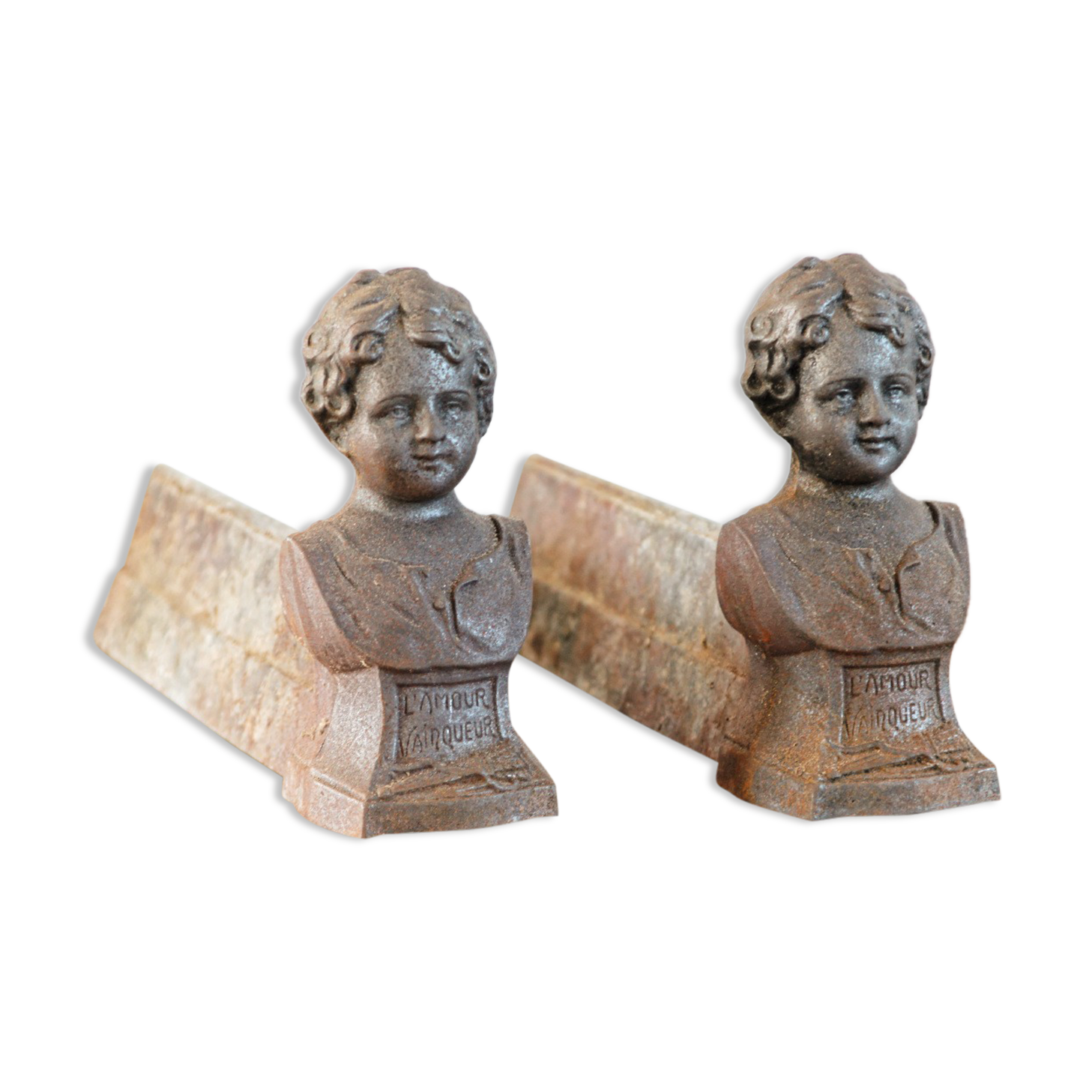 Pair of cast iron chenets, Love victorious