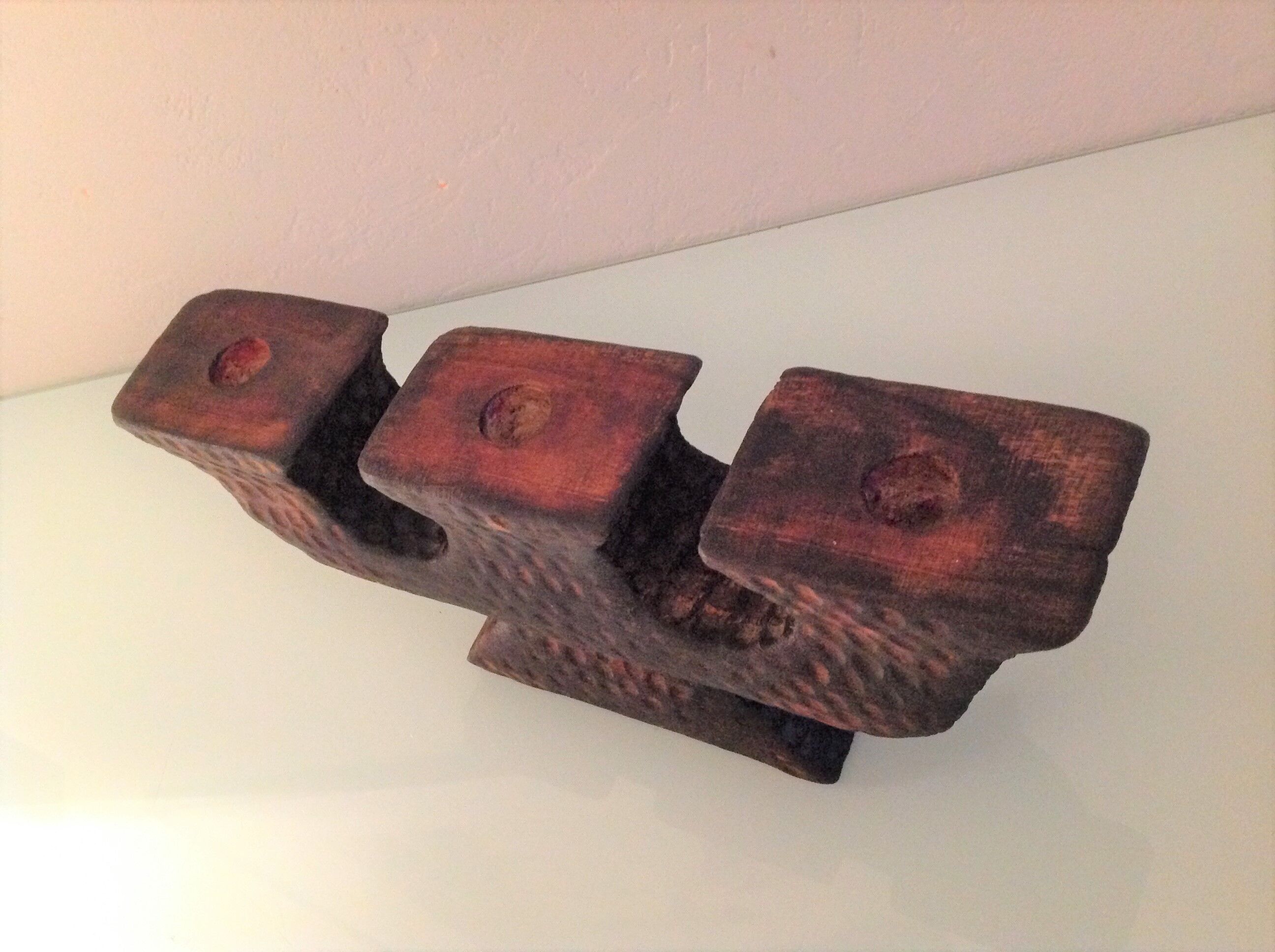 Brutalist chandelier with three heads in burnt wood / vintage 60s-70s