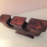 Brutalist chandelier with three heads in burnt wood / vintage 60s-70s