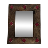 Ceramic Framed Mirror in Bronze with Red Cabochons. French Work.