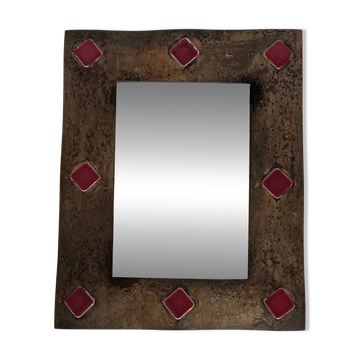 Ceramic Framed Mirror in Bronze with Red Cabochons. French Work.