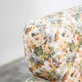 2-seater sofa, floral fabric, wooden structure, plastic and wooden legs, 1970