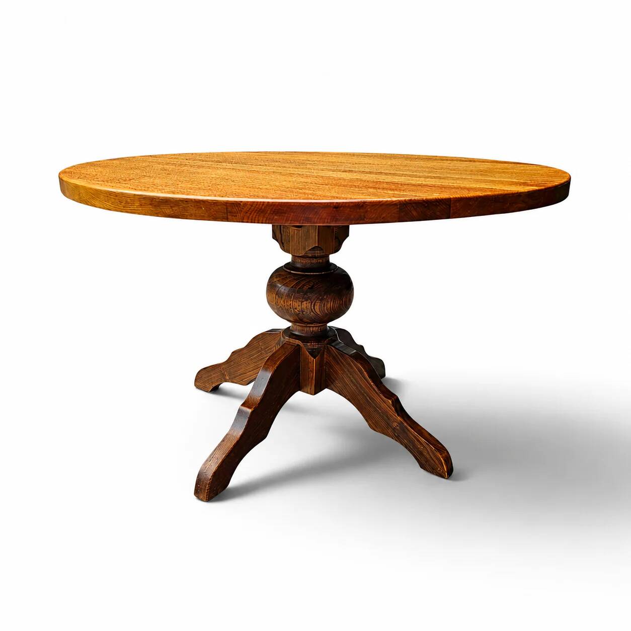 Solid oak dining table, also known as a monastery table, with a sturdy central pedestal, heavy-duty construction