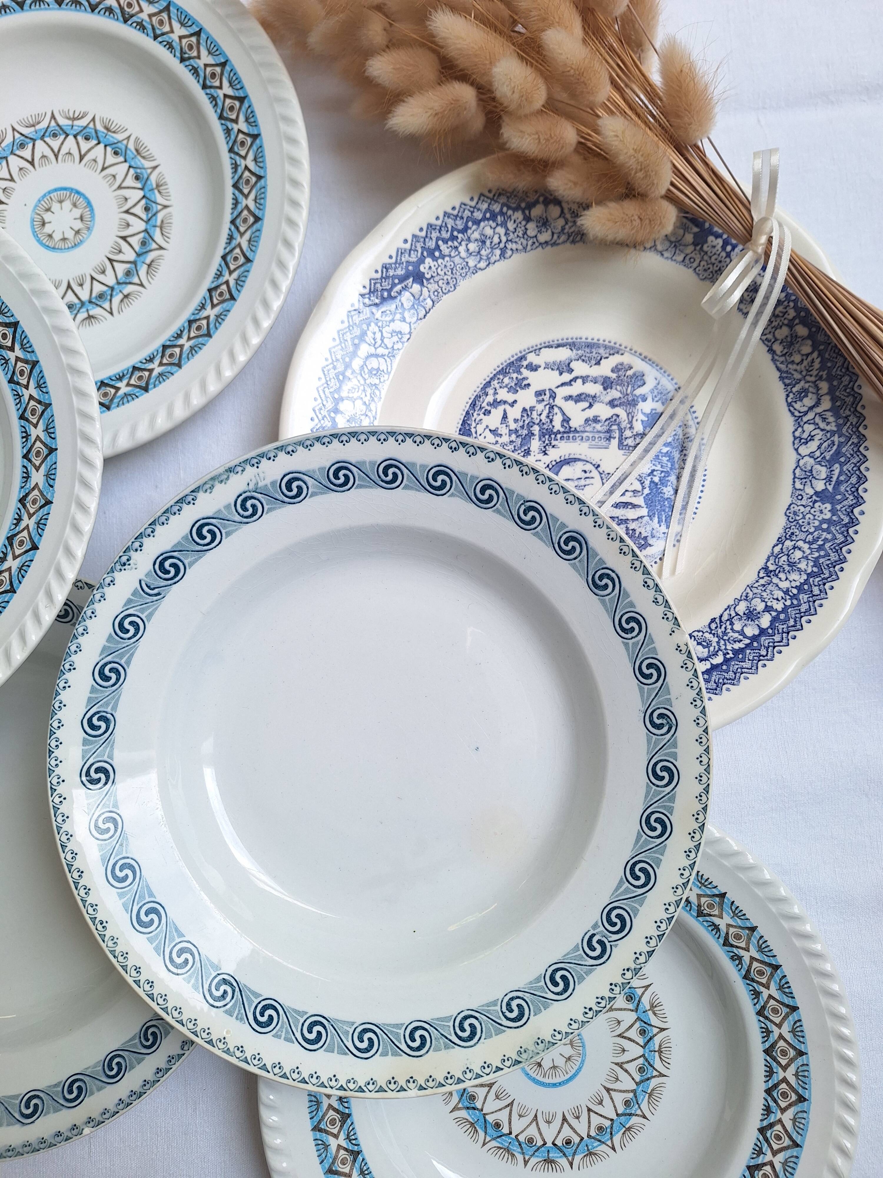 St Amand blue soup plates, Ironstone