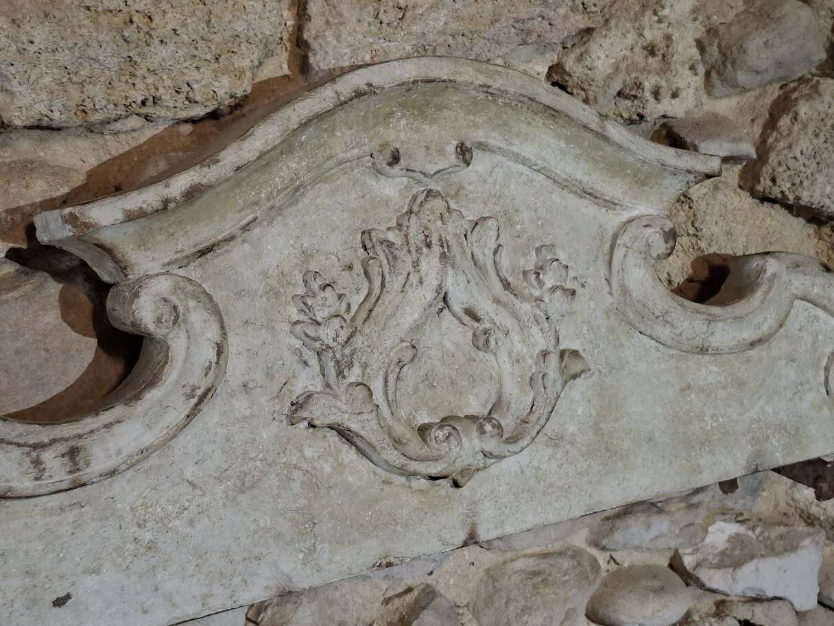 Antique wooden furniture pediment, pale green patina