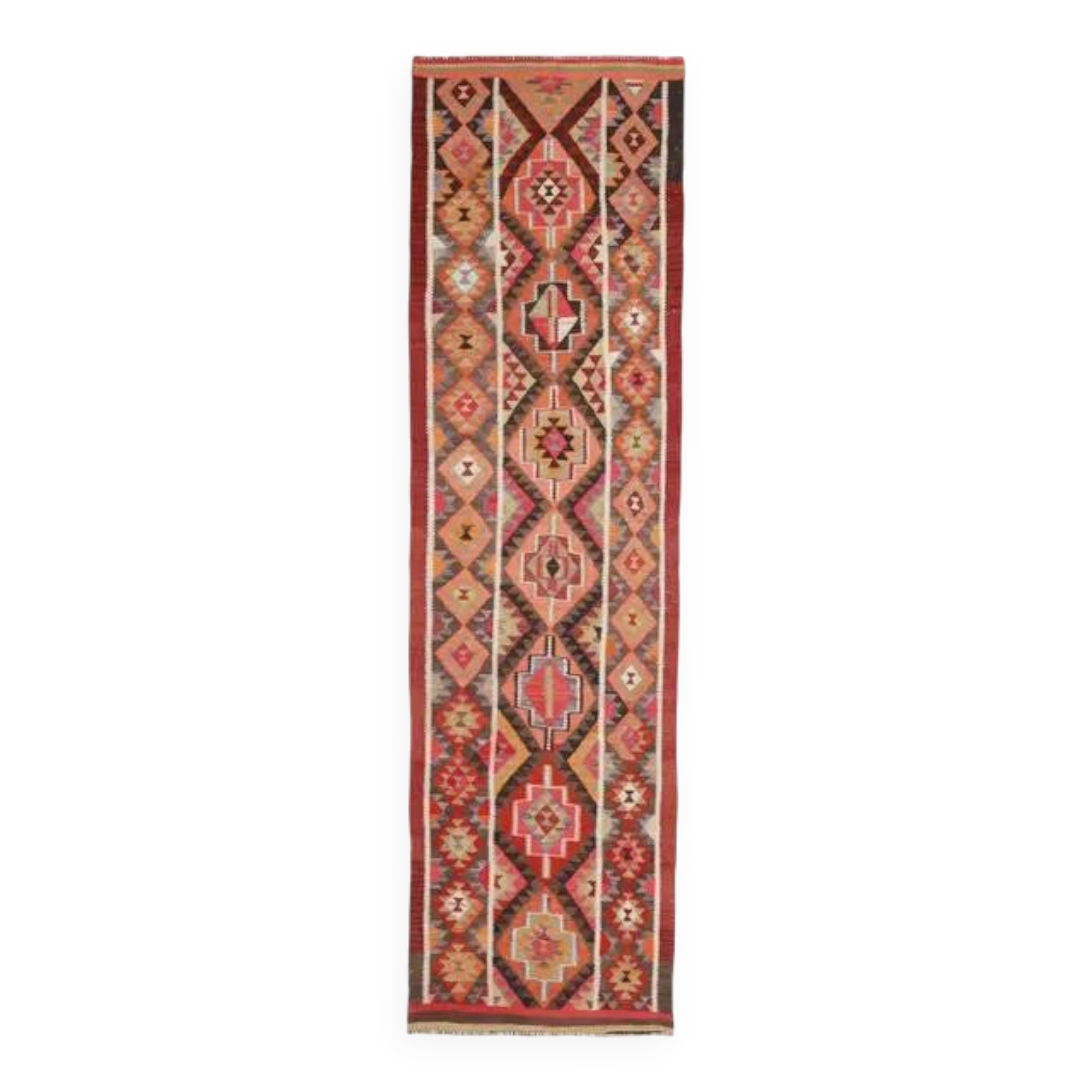 1970s Vintage Turkish Hand-Knotted Wool Cotton Red Runner Rug 83x314