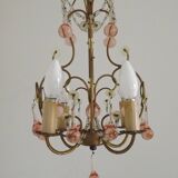 French Vintage 4 Light Metal Cage Chandelier with Bead Swag and Pink Murano Drops