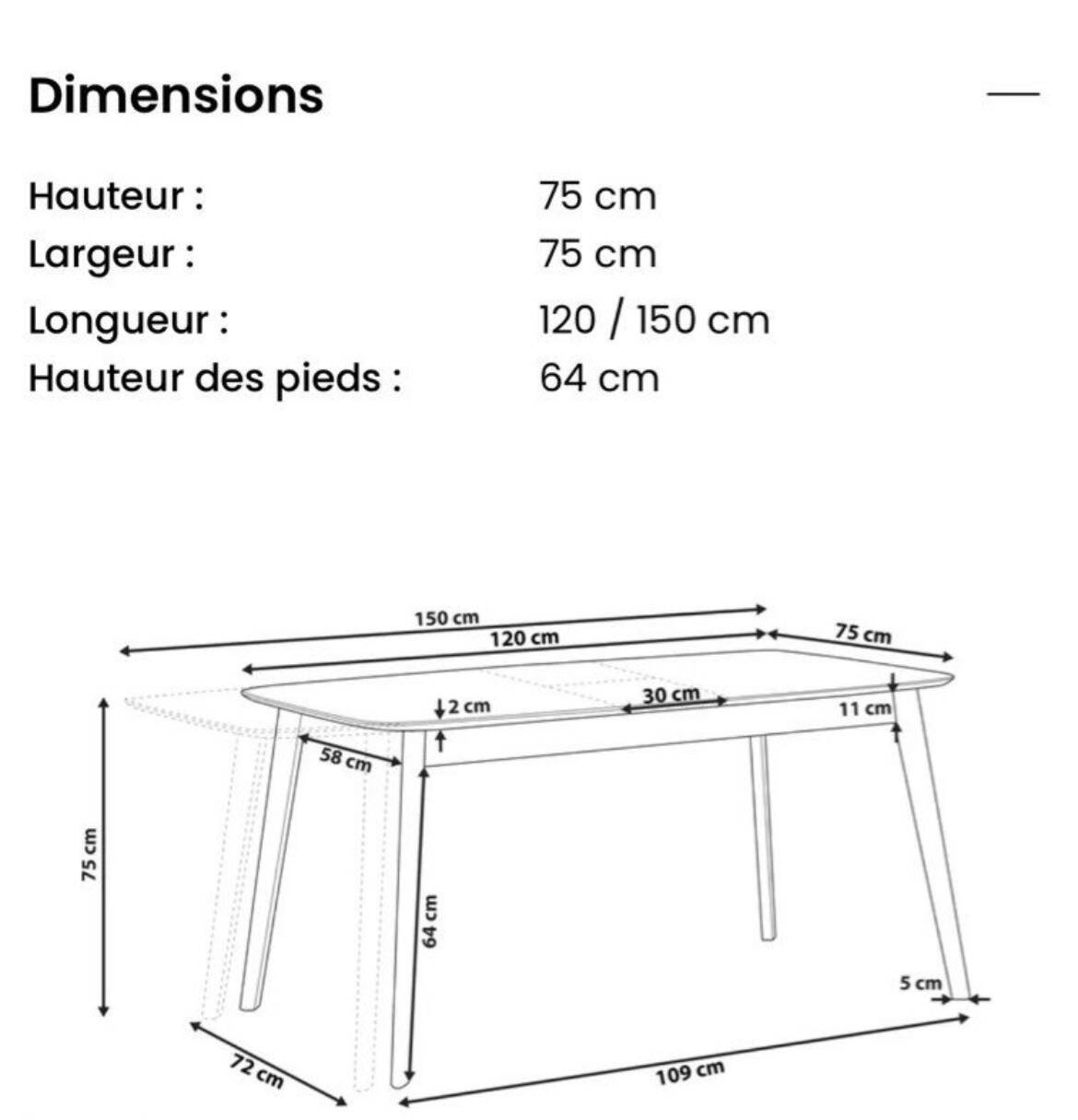 Extendable dining table for 4/6 people, dark walnut, 120/150 cm, 75 cm.