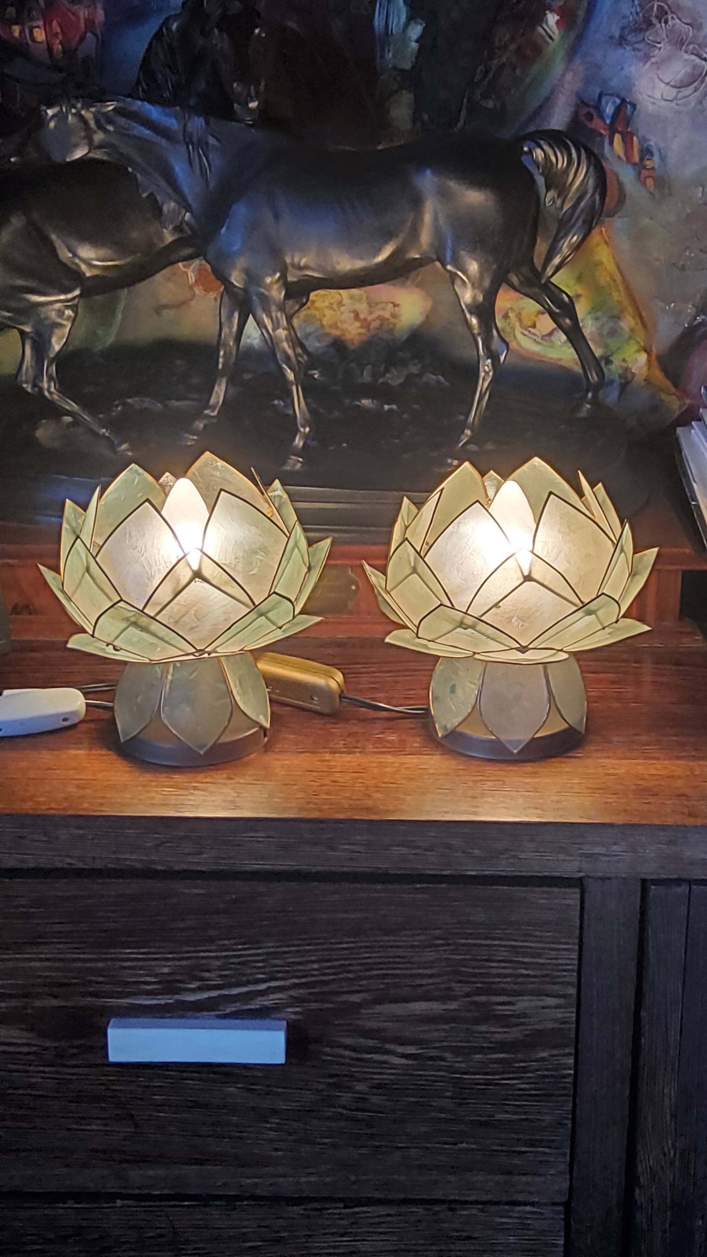 Pair of designer table lamps in turquoise blue green capiz mother-of-pearl from the 70s