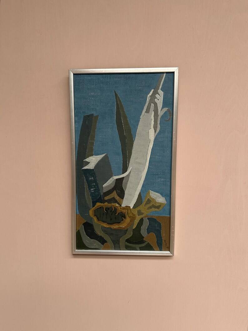 Original Swedish Oil on Canvas – "Aqave" by Marit Wahlström Schönbäck – Signed – Dated 1969 – Framed – 37 × 64 cm