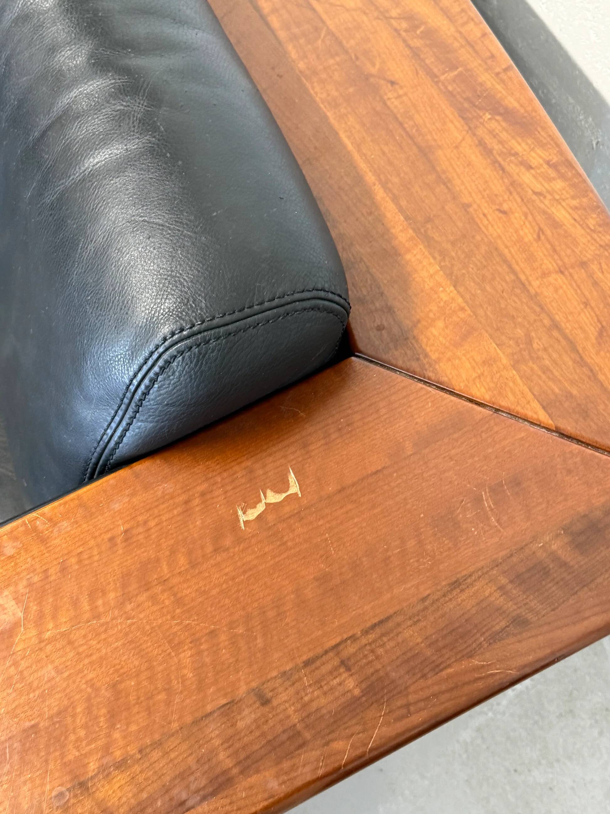 Vintage Black Leather Loveseat with Cantilevered Walnut Tray Arms