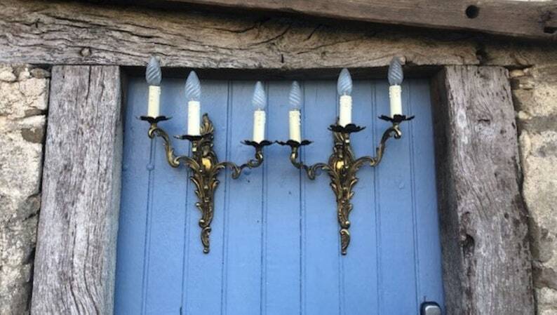 Pair of French Vintage Rococo Gilt Bronze Wall Sconces: Ornate 3-Arm Lamps