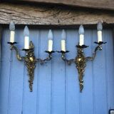 Pair of French Vintage Rococo Gilt Bronze Wall Sconces: Ornate 3-Arm Lamps