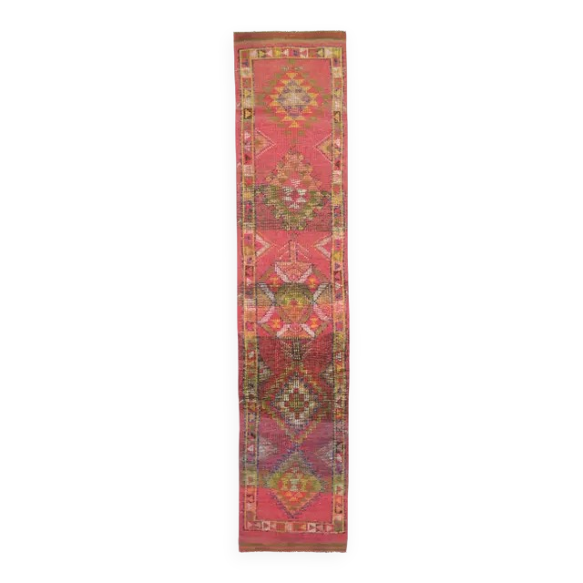 1970s Turkish Hand-Knotted Wool Cotton Pink Runner 79x371