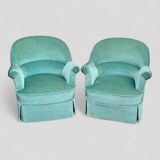 Paire de fauteuils crapaud velours vert d’eau 1970