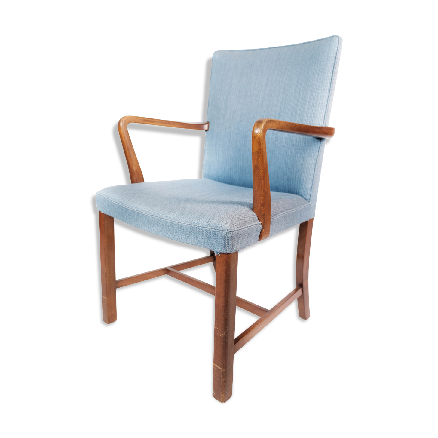 Armchair in mahogany and upholstered with light blue fabric by Fritz Hansen