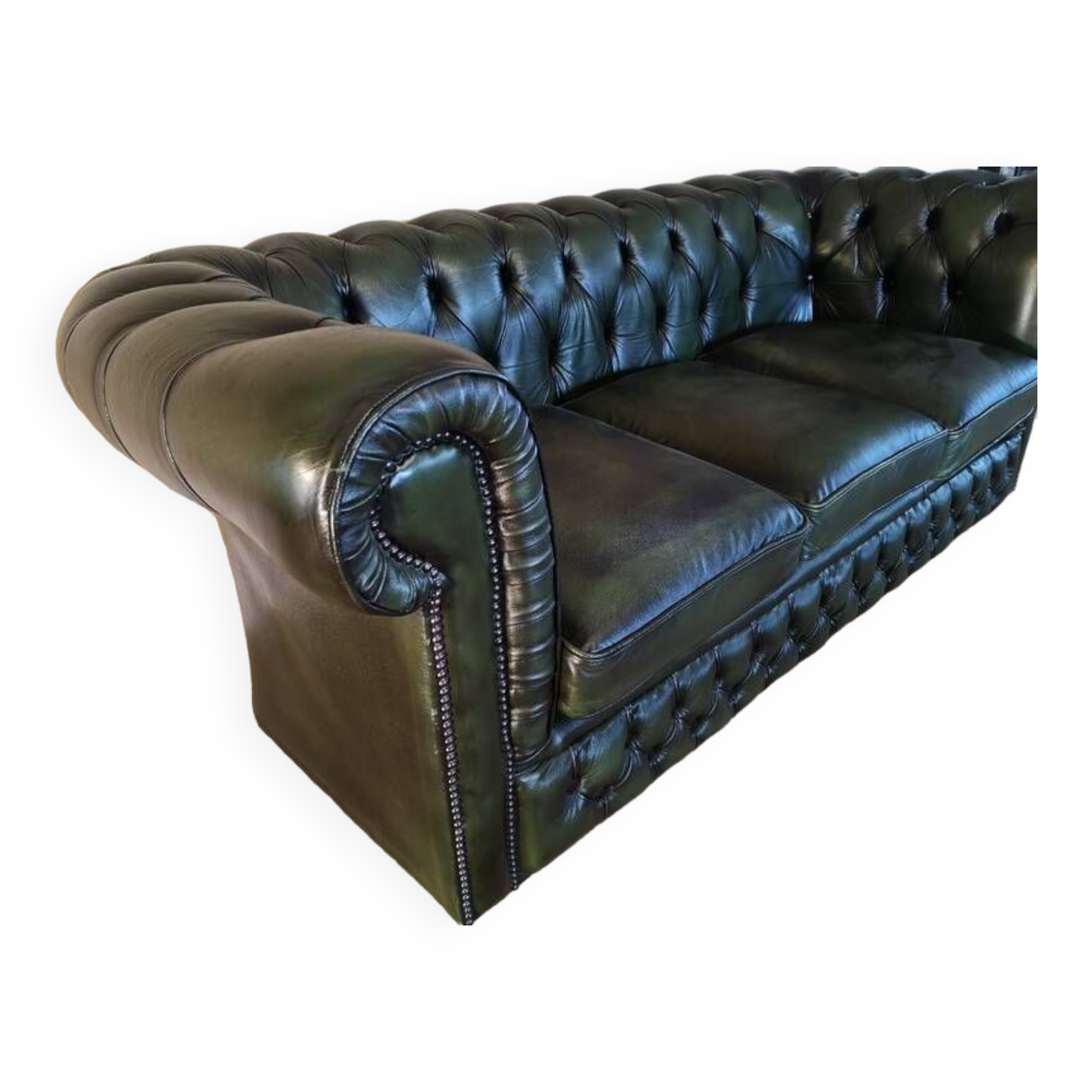 Canapé Chesterfield cuir vert trois places
