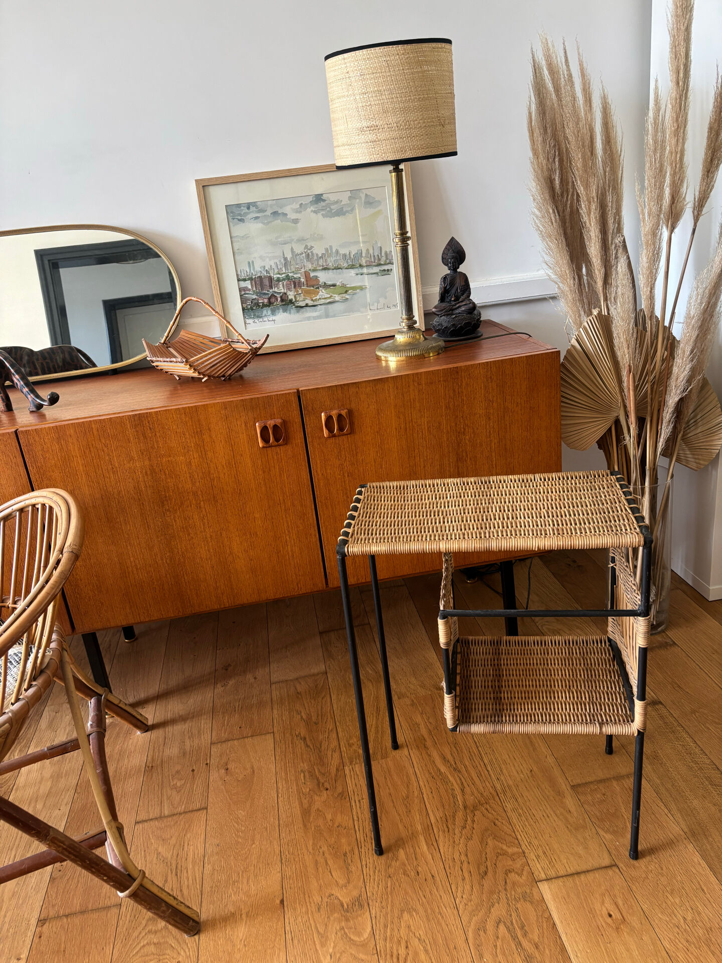 Metal and woven wicker side table – 1970s/80s