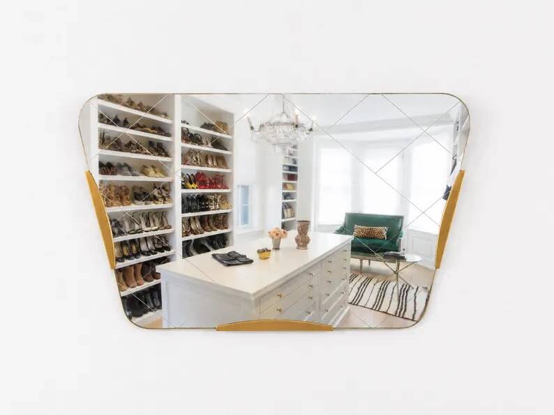 Large Trapezoidal Golden Wall Mirror With Engraved Diamond Pattern, Austria, 1950s