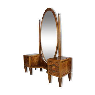 Psyche dressing table and Art Deco pouf by Ateliers Gauthier-Poinsignon in walnut, circa 1920-1930