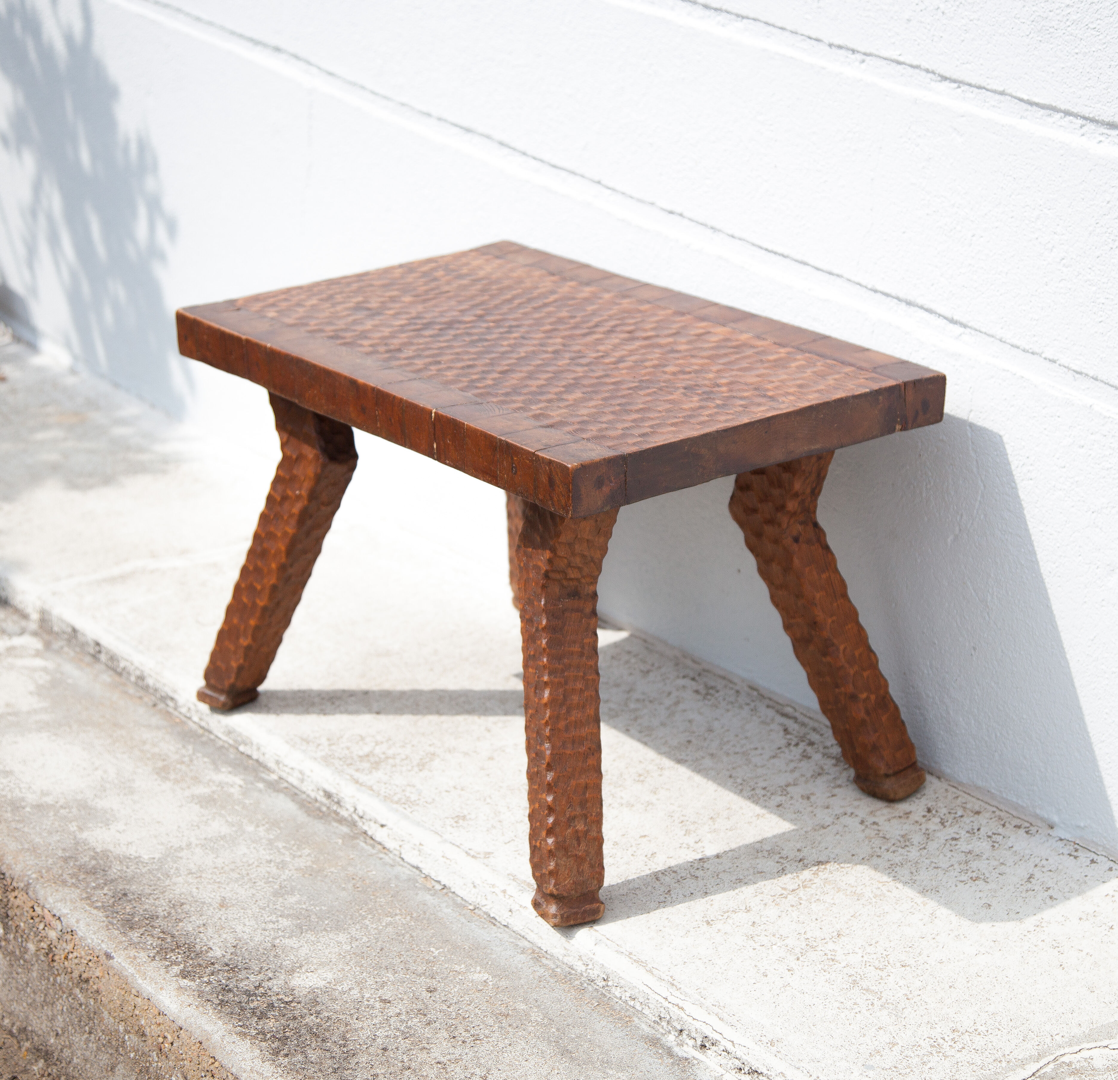 Carved wood coffee table, hammered wood table, side table, living room table, vintage table