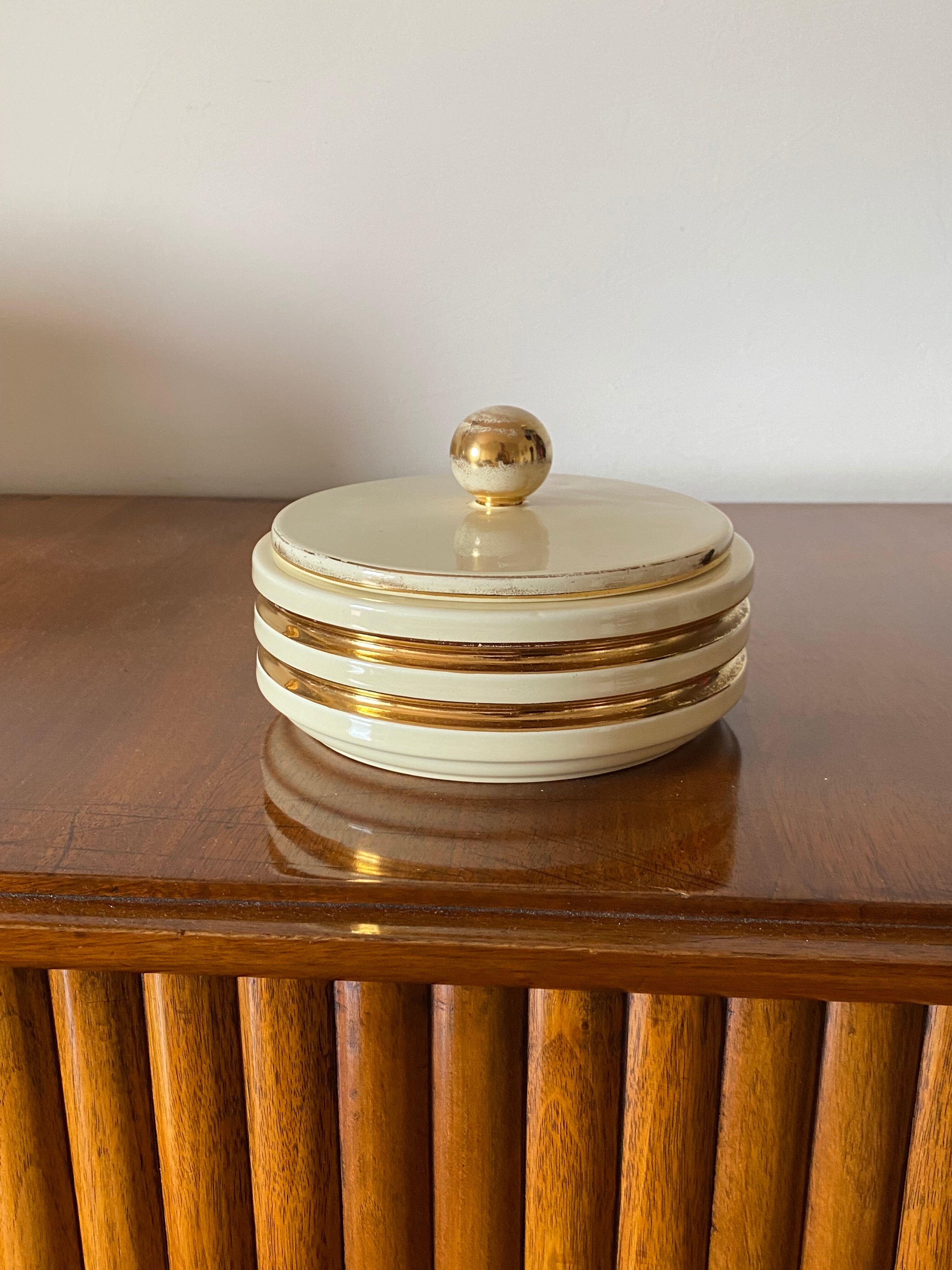 Jean Robj, Art Deco white and gold ceramic box, Robj Paris, France 1930s