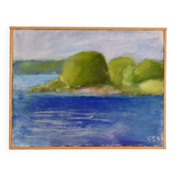 Huile sur toile suédoise originale du milieu du siècle « Côte » vintage et encadrée
