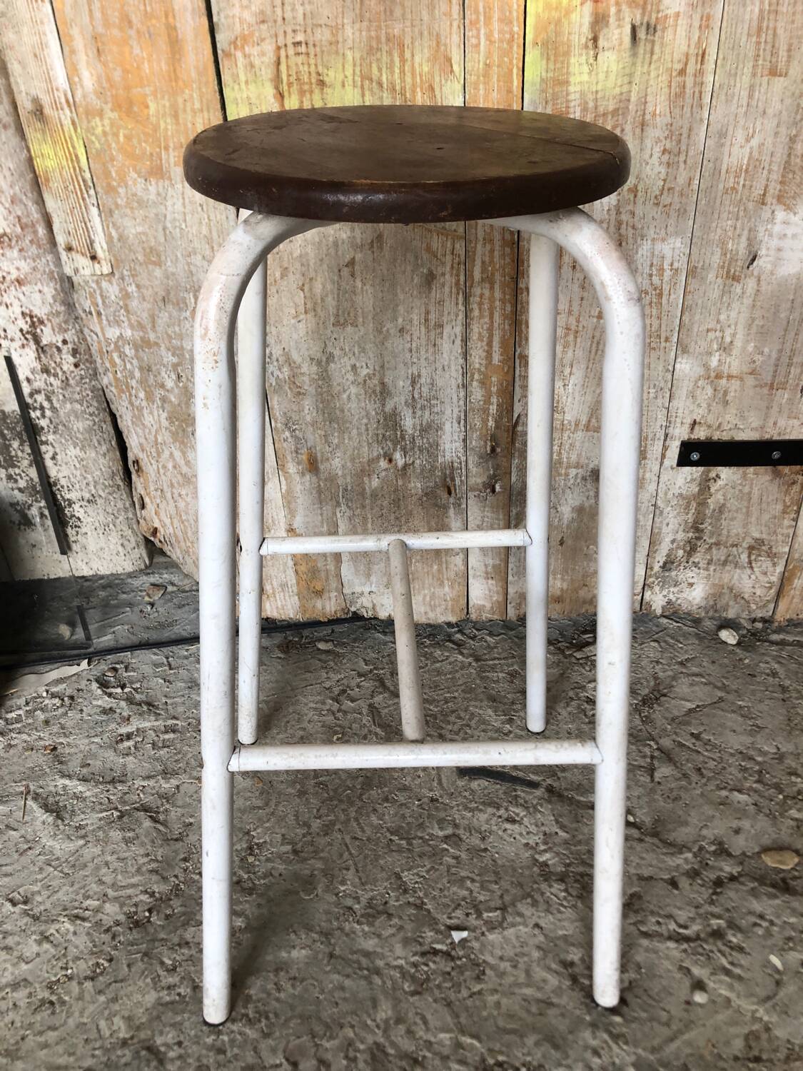 Bar Stool White Metal Leg + Vintage Brown Wood Seat #A352