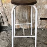 Bar Stool White Metal Leg + Vintage Brown Wood Seat #A352