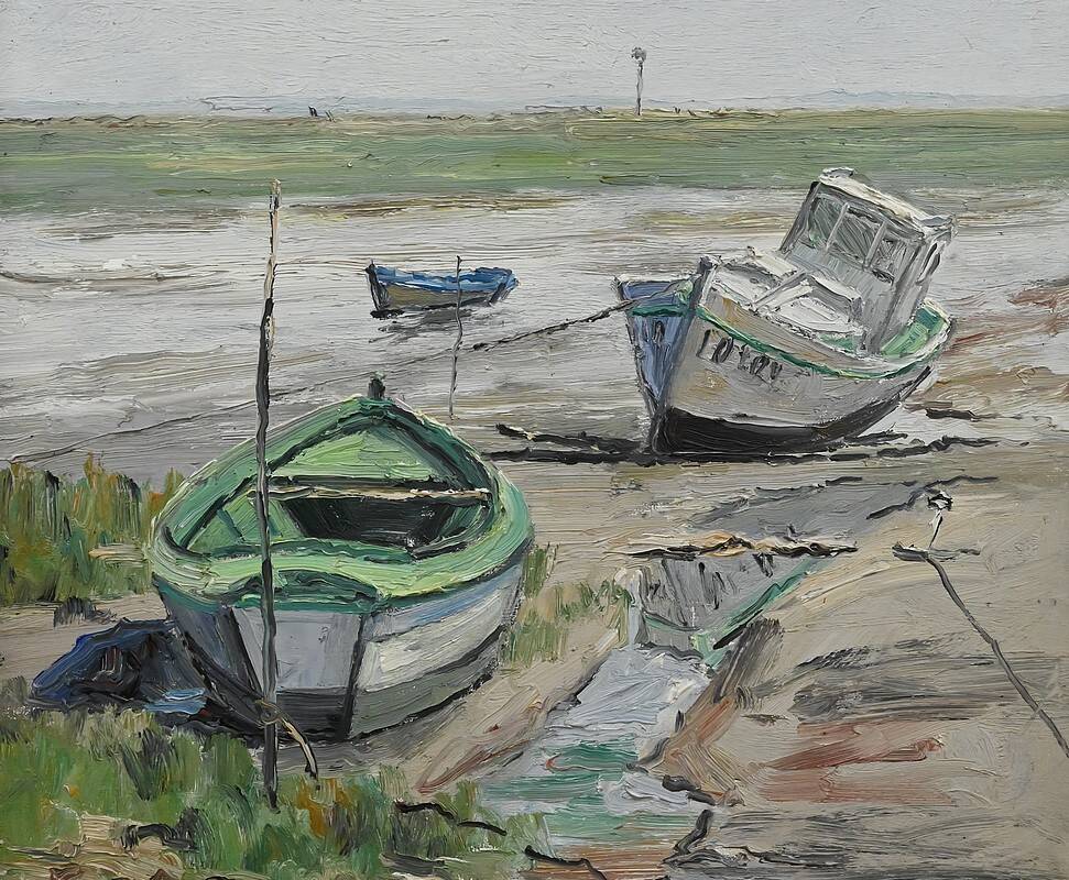 Painting “Boats at Low Tide”, signed J-P. Guinegault – 2nd part 20th century