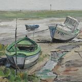 Painting “Boats at Low Tide”, signed J-P. Guinegault – 2nd part 20th century