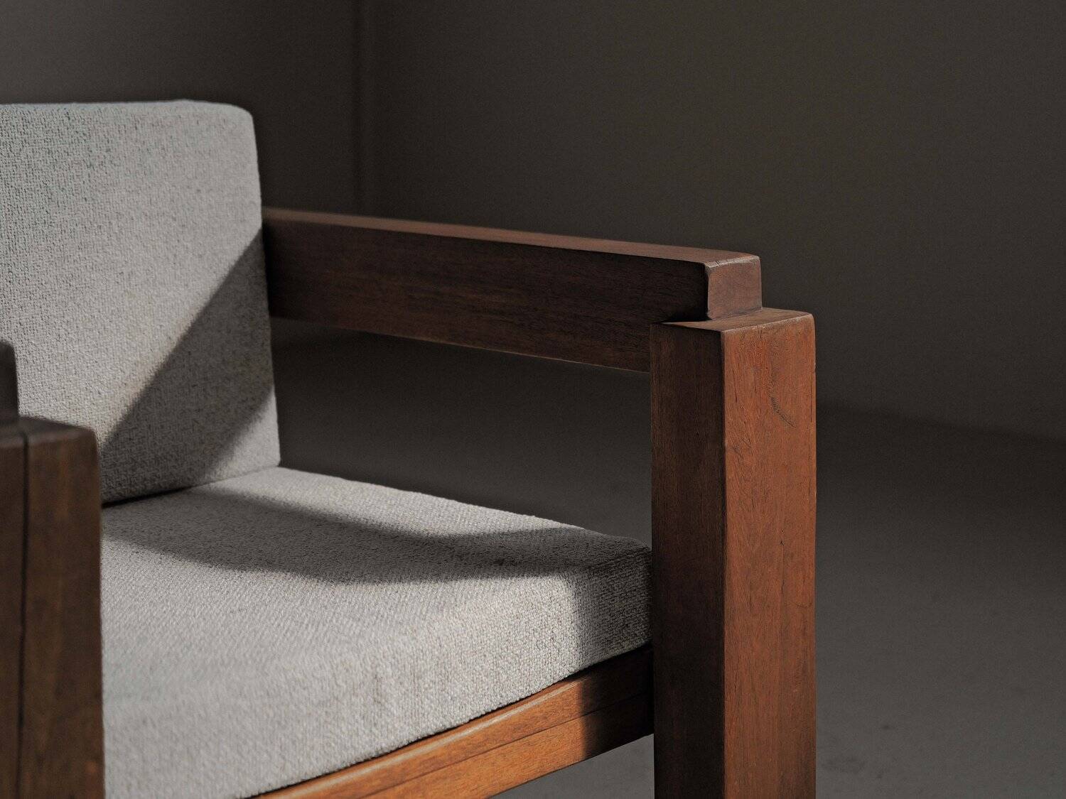 Handcrafted armchair in solid wood and fabric, 1980s-90s.