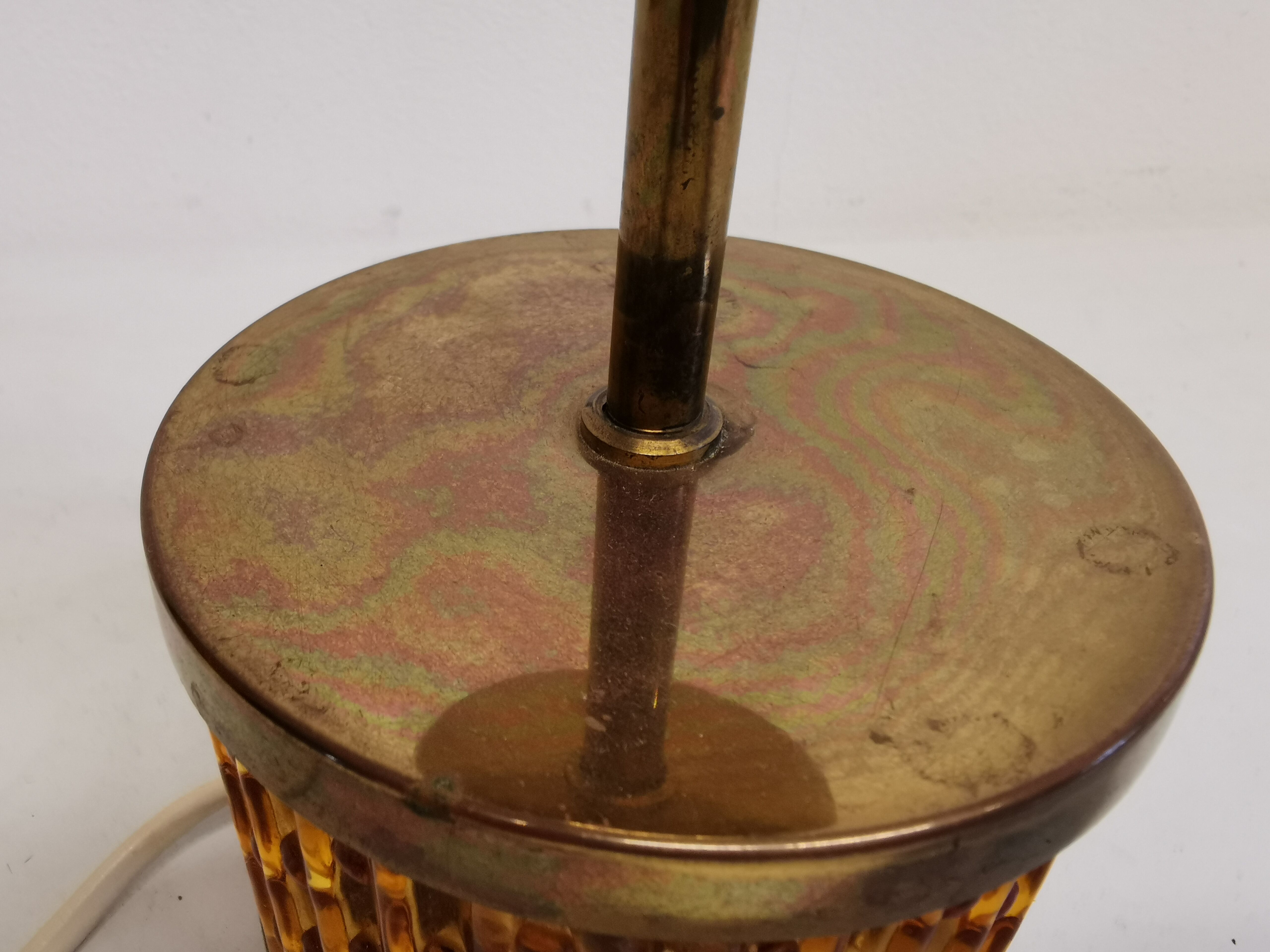 Swedish table lamp foot, made of wood, amber bubble glass and brass