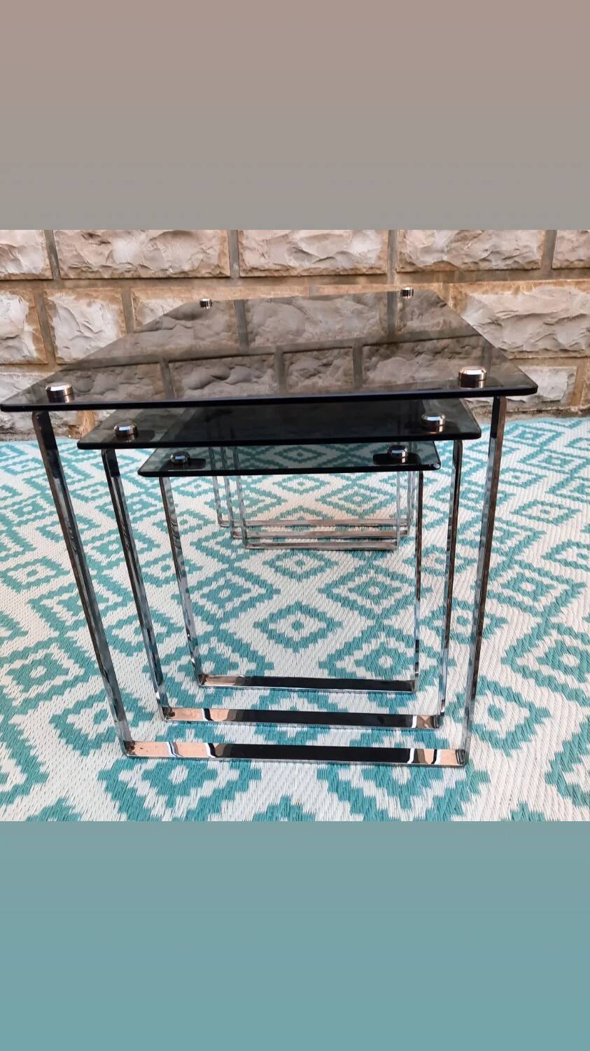 3 nesting coffee tables, smoked glass, chrome base