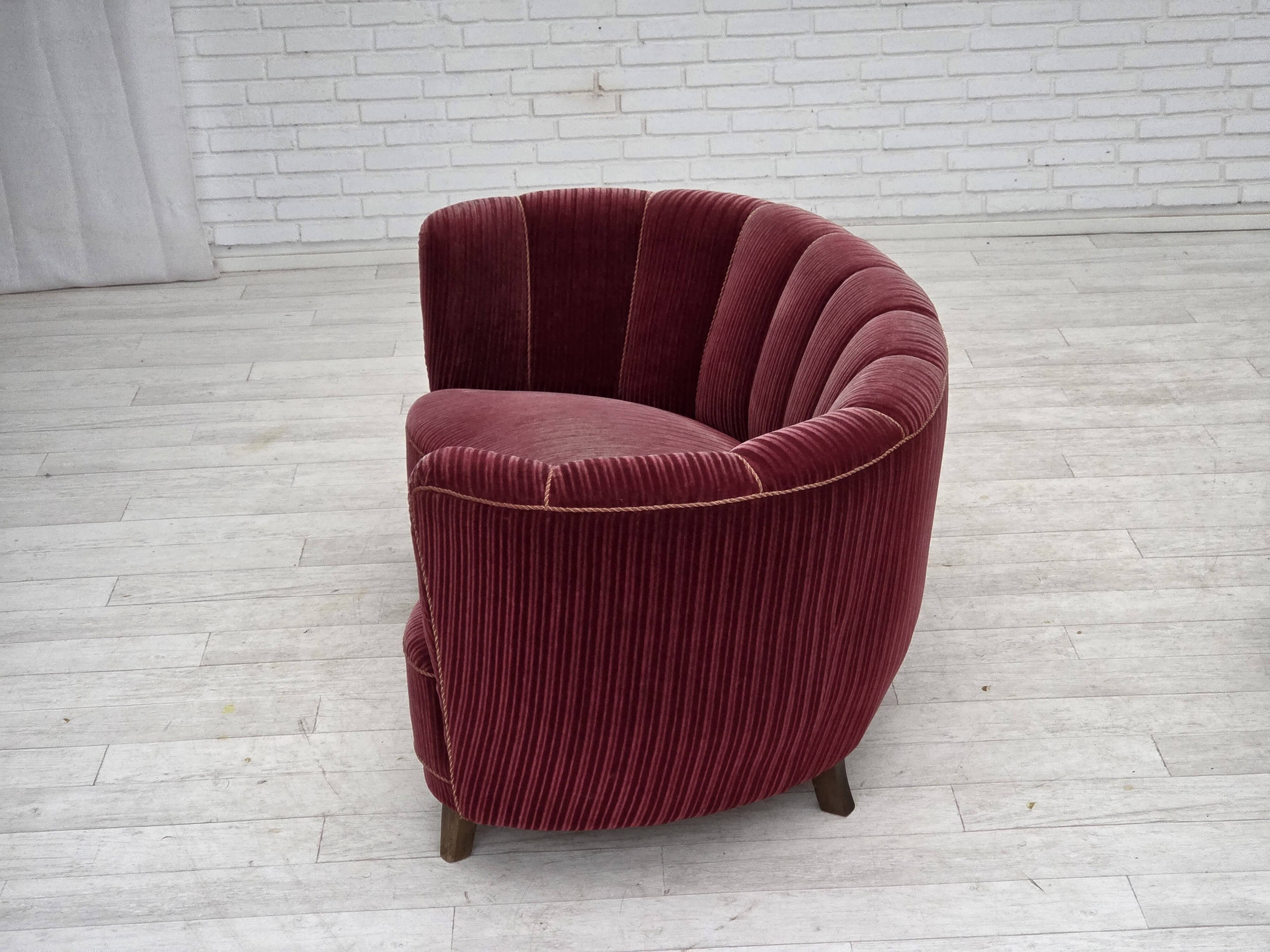 1960s, Danish 2-seater "Banana" sofa, red furniture velour, oak wood.