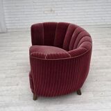 1960s, Danish 2-seater "Banana" sofa, red furniture velour, oak wood.