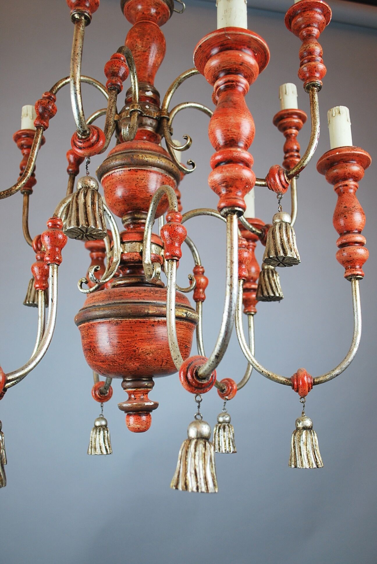 Italian chandelier in patinated wood, 50s