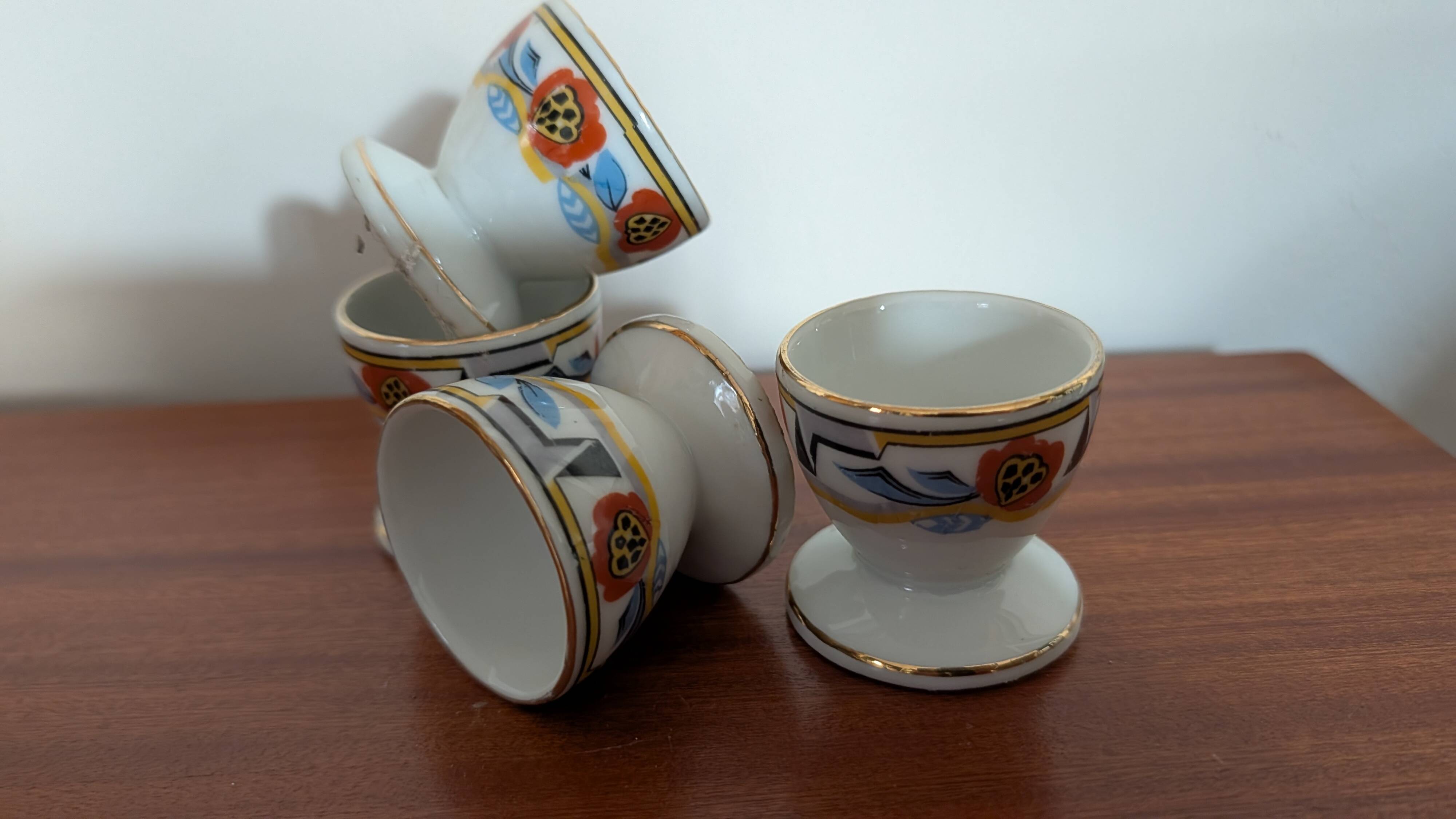 Set of four Art Deco porcelain egg cups from the 1930s.