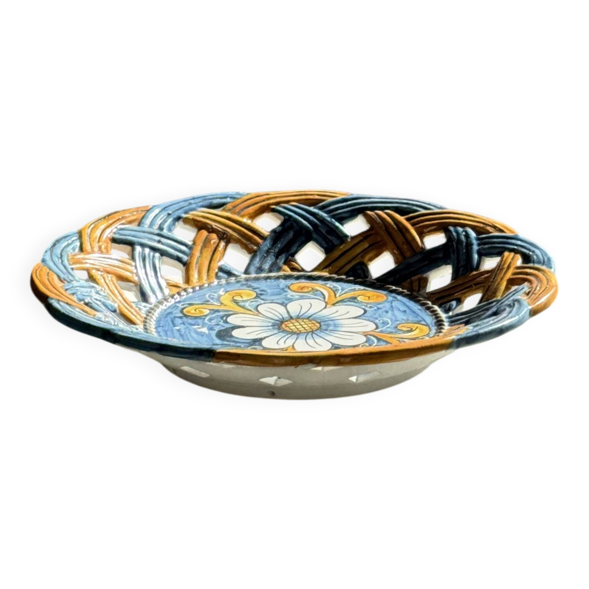 Glazed ceramic fruit bowl by Brancaleone, Italy, with floral decoration.