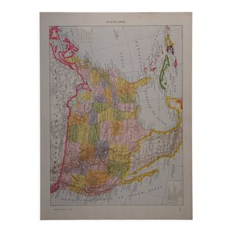 Lithographie originale sur les Etats-Unis (carte administrative + économique)