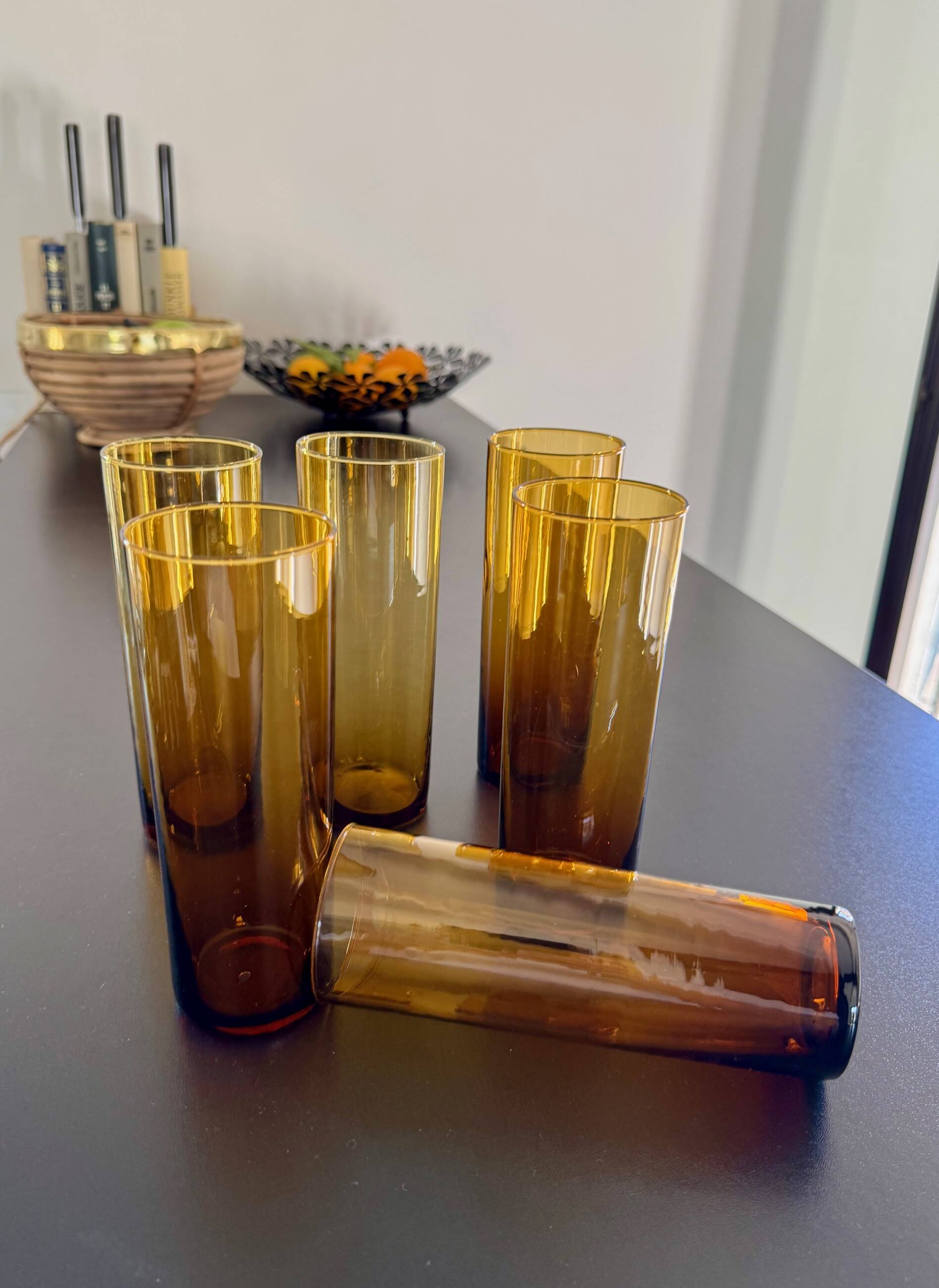 6 amber glasses