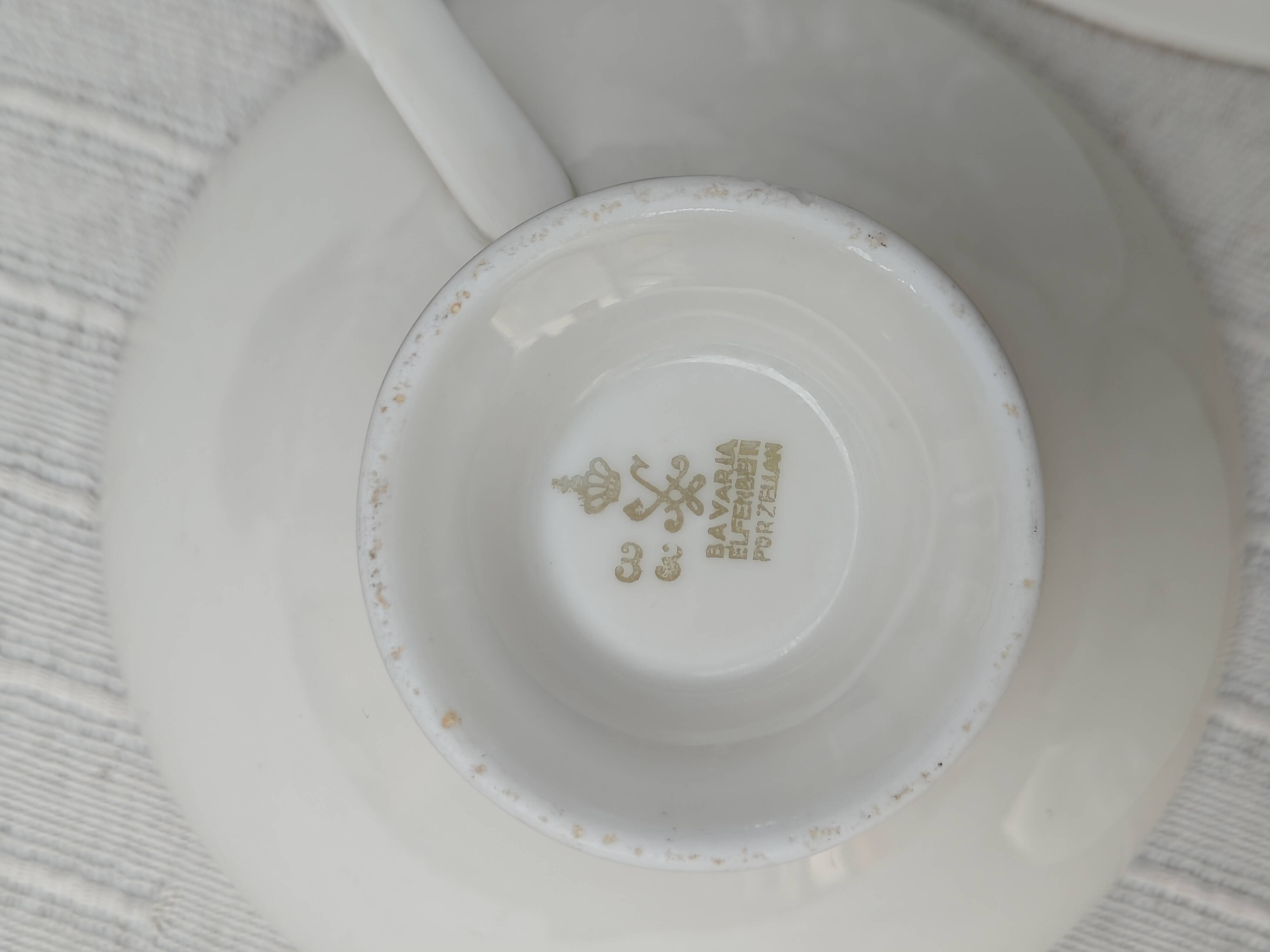 Vintage Bavaria ivory tea/coffee trio, sky blue & gold graphic waves.
