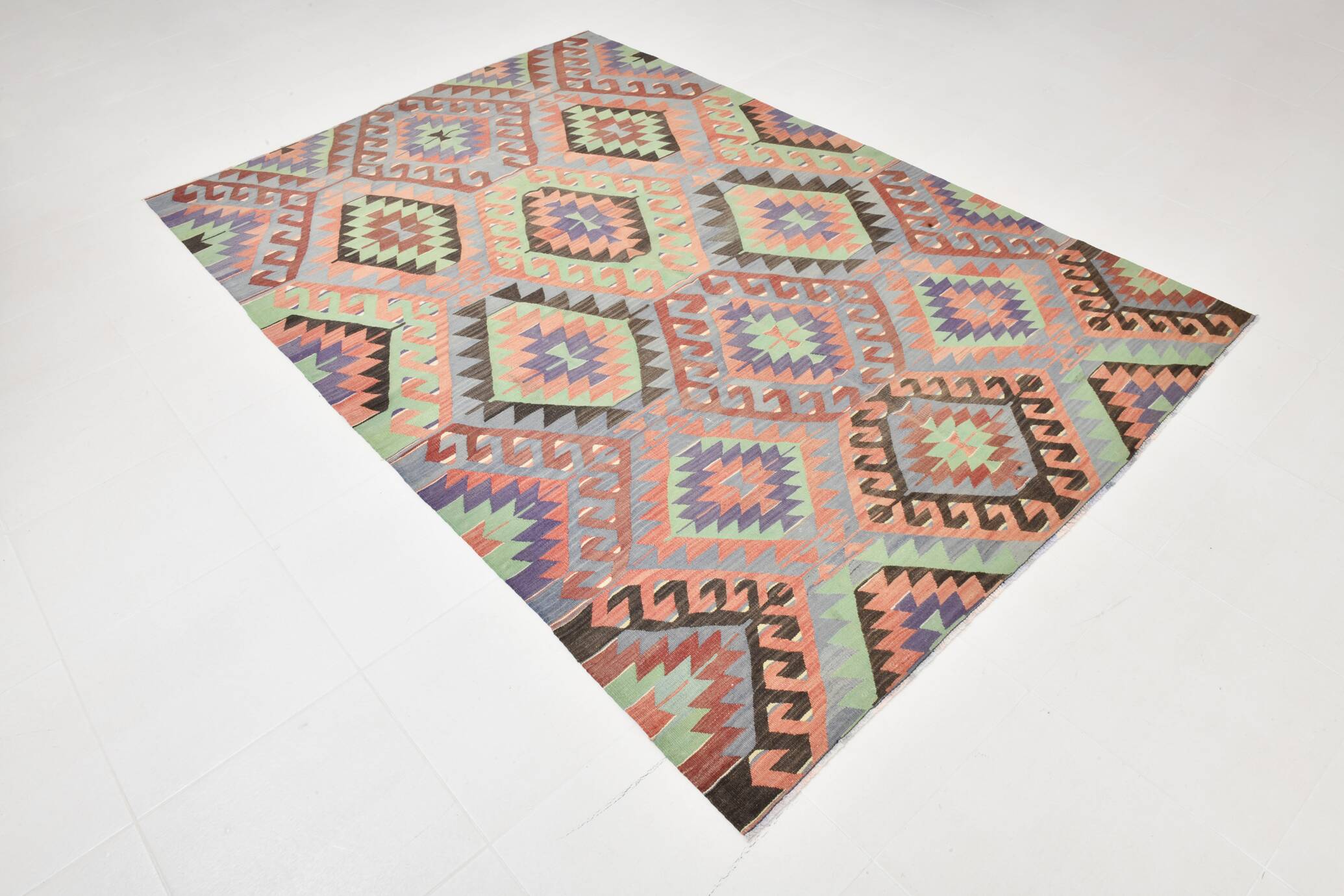 6x9 Green & Salmon Geometric Kilim Rug, 177x266Cm