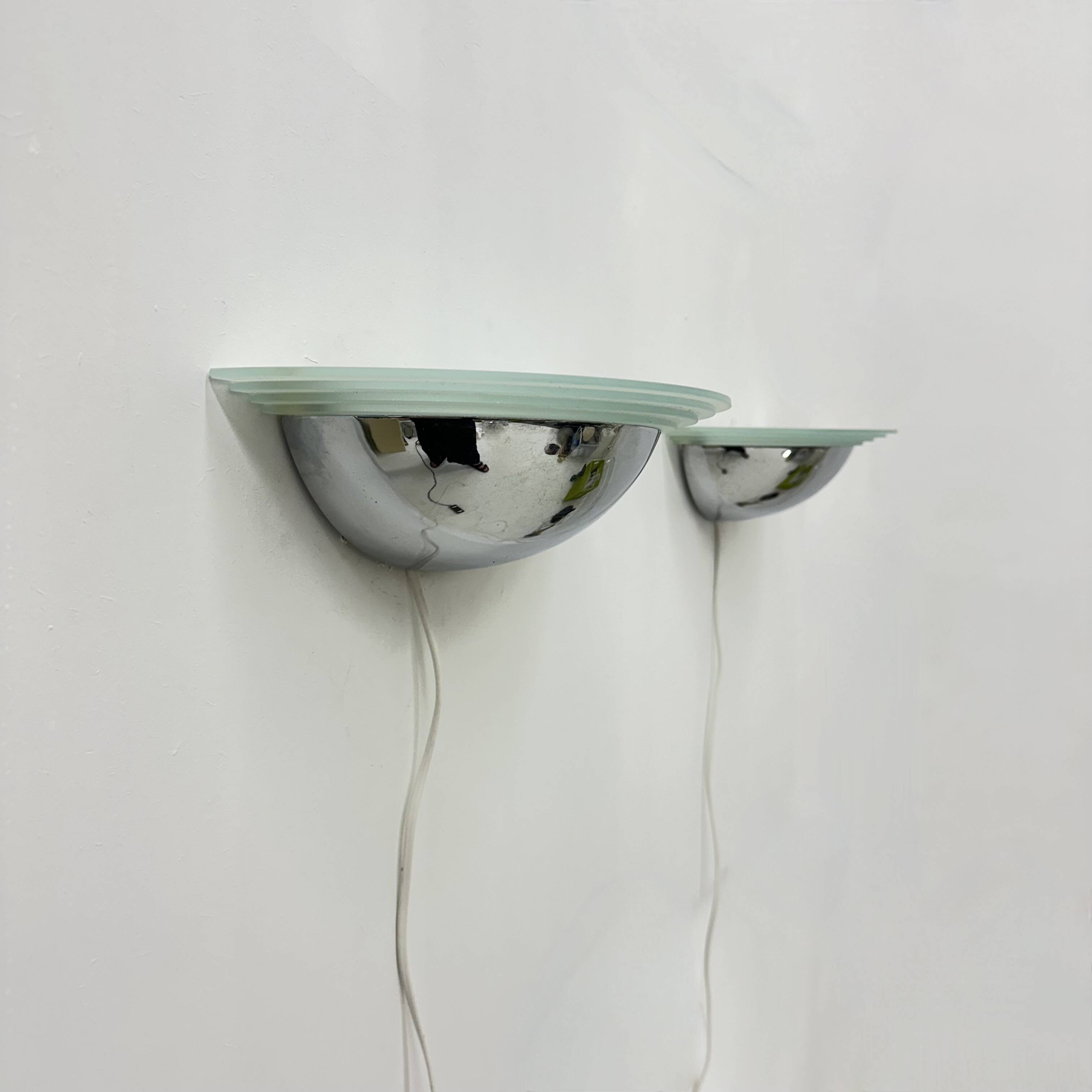 Pair of post modern wall lamps chrome and glass , 1980s